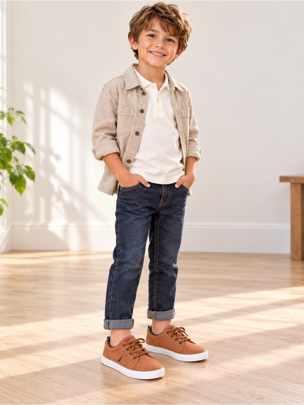 Nautica Kids Tan Brown Canvas Lace-Up Sneakers with White Sole